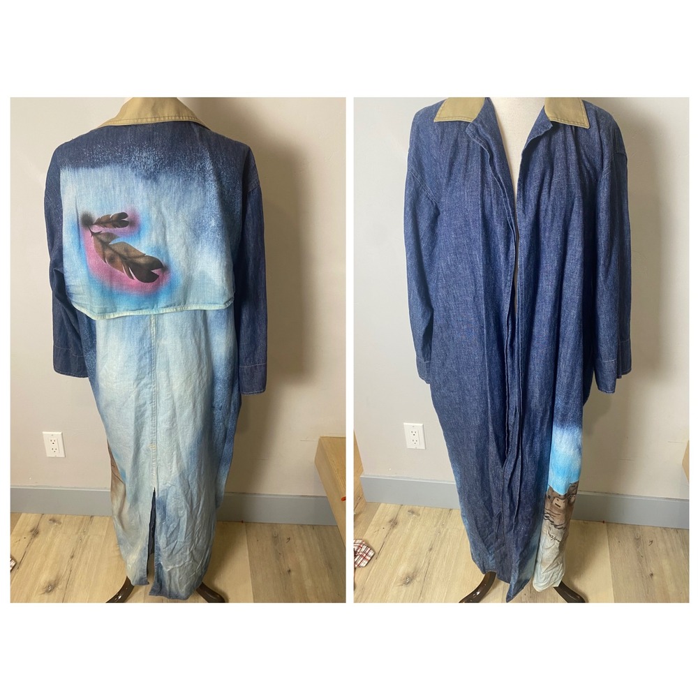 Vintage 80s 90s Painted Southwest Denim Duster Coat Blue Longline Pueblo Feather